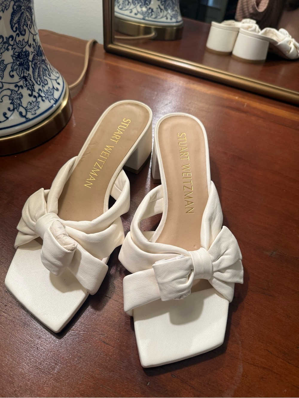 Stuart Weitzman White Knotted Block Heel Slide Sandals